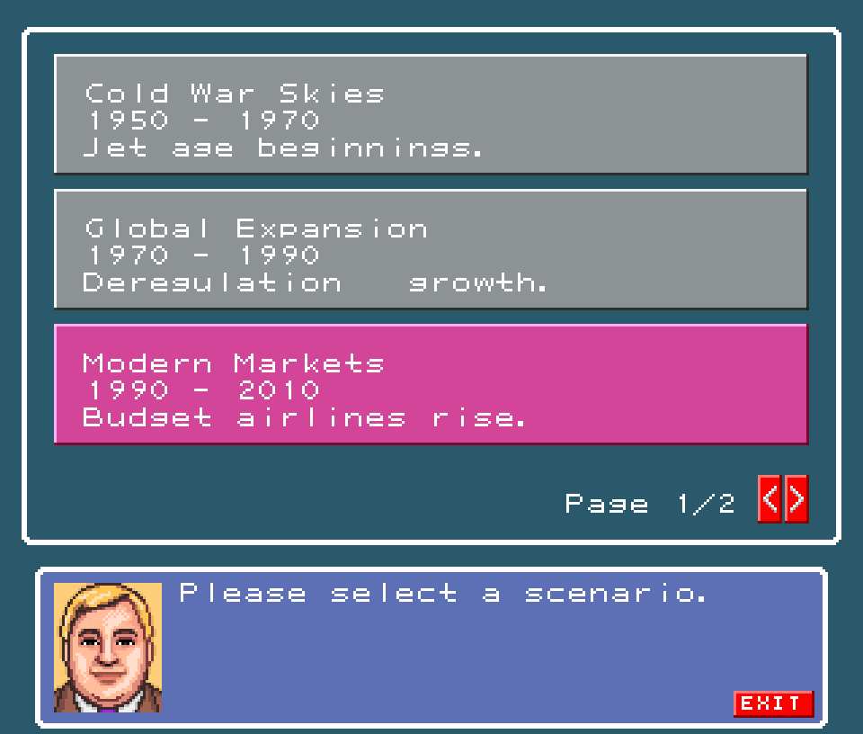 AeroWorld scenario selection screen