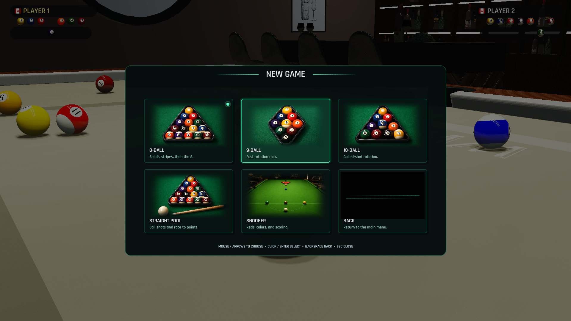 Cue Circuit new game menu
