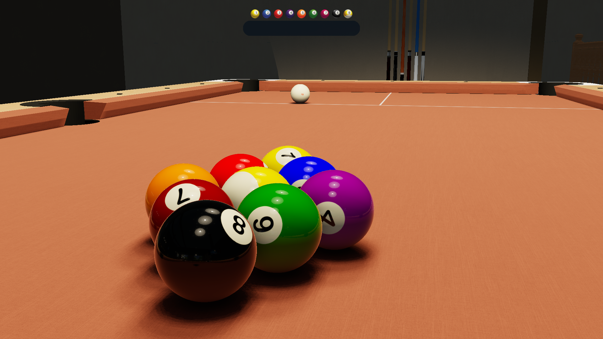 Cue Circuit racked balls on a natural maple table